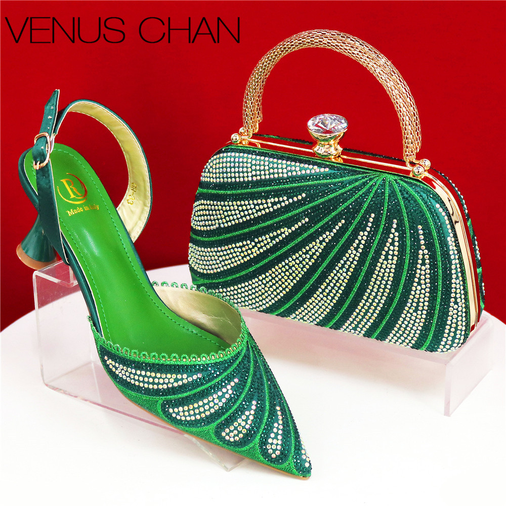 Women Bags Green - حذاء بكعب متوسط من حجر الراين